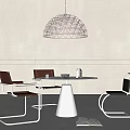 Modern Dining Table Set With Round White Table Metal Frame Chairs And Geometric Pendant Light 3d model
