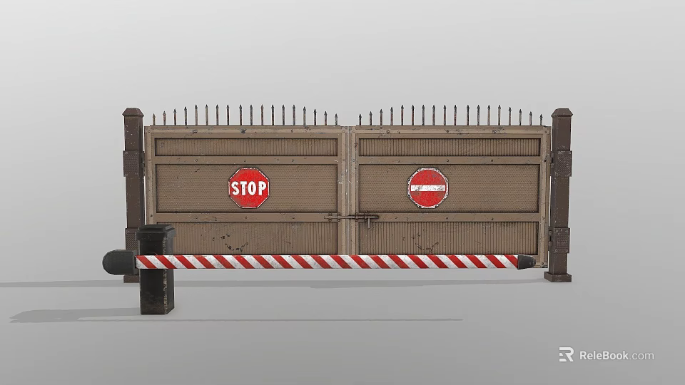 Industrial Entry Gate With Stop And No Entry Signs Striped Barrier And Spikes 3d model 