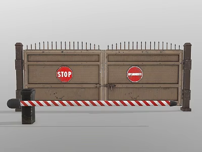 Industrial Entry Gate With Stop And No Entry Signs Striped Barrier And Spikes 3d model