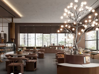 Contemporary Casual Lounge Space Featuring Decorative Tree Lights Large Windows And Comfortable Seating 3d model