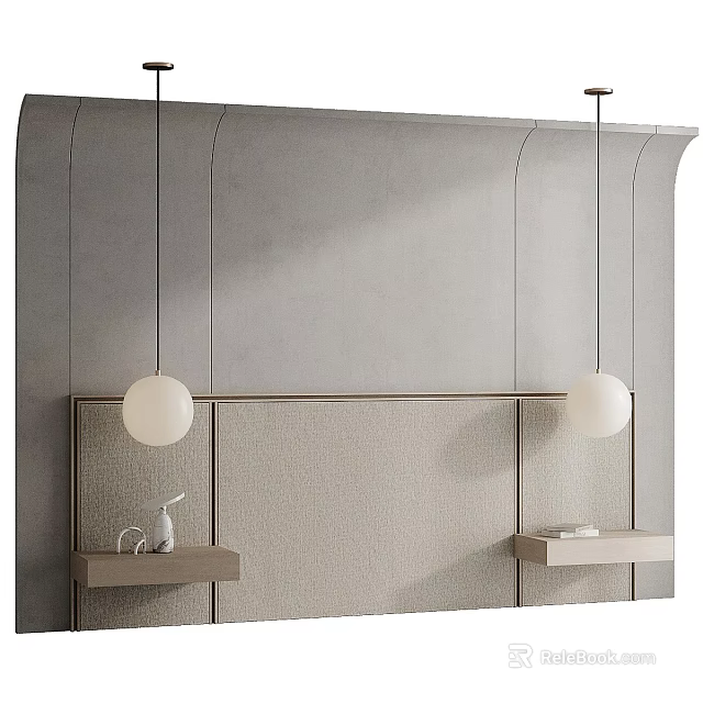 Gray Textured Sofa Backdrop Wall With Pendant Lights And Floating Shelves 3d model