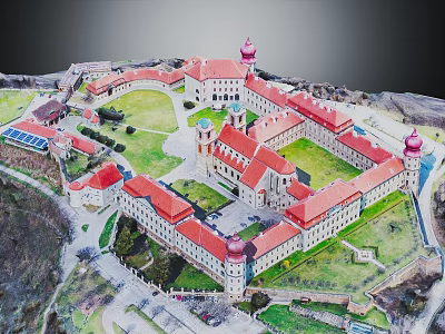 Modern Aerial View Of Red Roof Building Complex With Domes And Green Lawns 3d model
