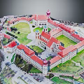 Modern Aerial View Of Red Roof Building Complex With Domes And Green Lawns