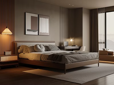 Modern Bedroom Interior Design With Wooden Bed Warm Tones Table Lamp Wall Art And Rug 3d model