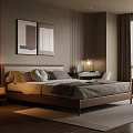 Modern Bedroom Interior Design With Wooden Bed Warm Tones Table Lamp Wall Art And Rug