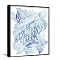 Two Botanical Prints With Blue And White Leaf Patterns In Black Frames On Gray Wall