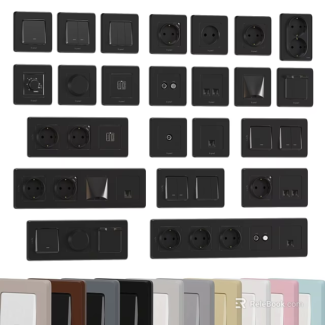 Various Matte Black Wall Switches And Sockets Collection For Residential Electrical Installation Requirements 3d model 