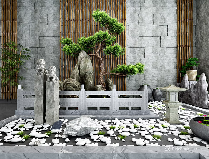 Traditional Garden Ornament Design with Bamboo Screen Stone Wall Pine Tree and Stone Lantern 3d model 