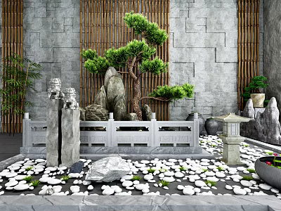 Traditional Garden Ornament Design with Bamboo Screen Stone Wall Pine Tree and Stone Lantern 3d model