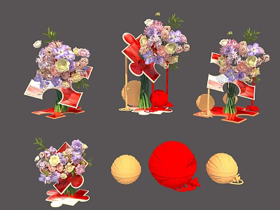 Art Installation With Floral Arrangements Red Decorative Elements And Geometric Structures 3d model