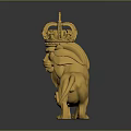 Golden Lion Sculpture With Crown Decoration Standing On Reflective Dark Surface
