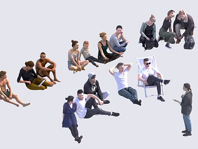 Group of People With Various Poses And Different Outfits Sitting Standing Lying On White Background 3d model