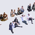 Group of People With Various Poses And Different Outfits Sitting Standing Lying On White Background