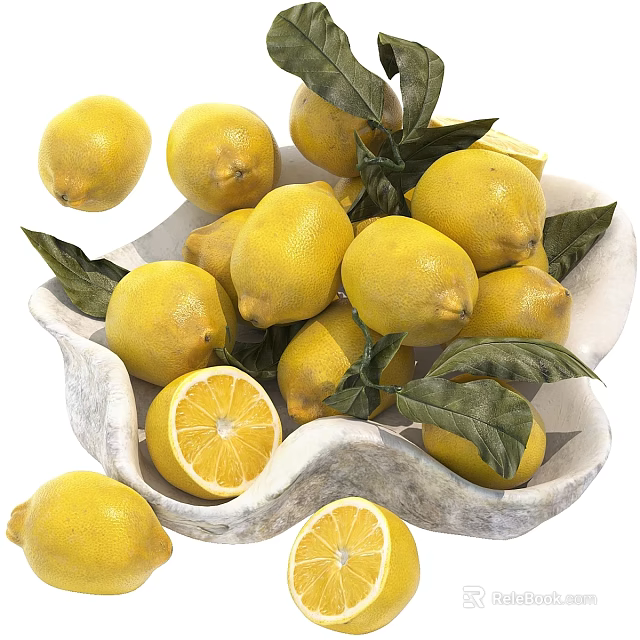Fresh Ripe Lemons in White Shell Shaped Bowl with Green Leaves and Sliced Pieces 3d model 