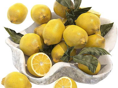 Fresh Ripe Lemons in White Shell Shaped Bowl with Green Leaves and Sliced Pieces 3d model