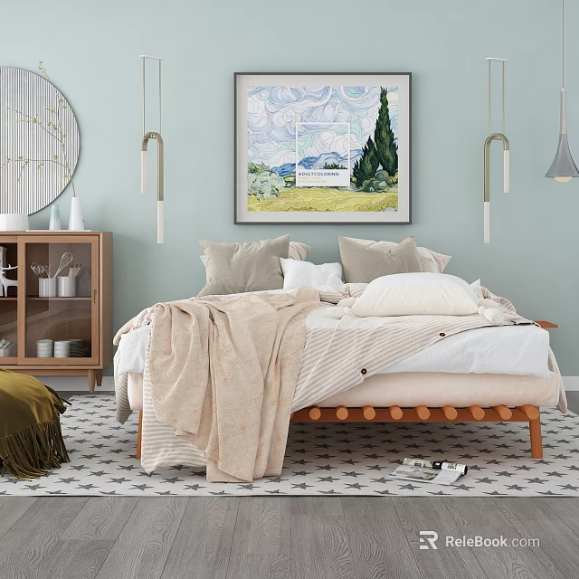 Cozy Modern Bedroom With Wooden Double Bed Beige Blanket Pillows Light Blue Walls Round Mirror 3d model 