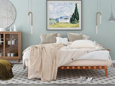 Cozy Modern Bedroom With Wooden Double Bed Beige Blanket Pillows Light Blue Walls Round Mirror 3d model