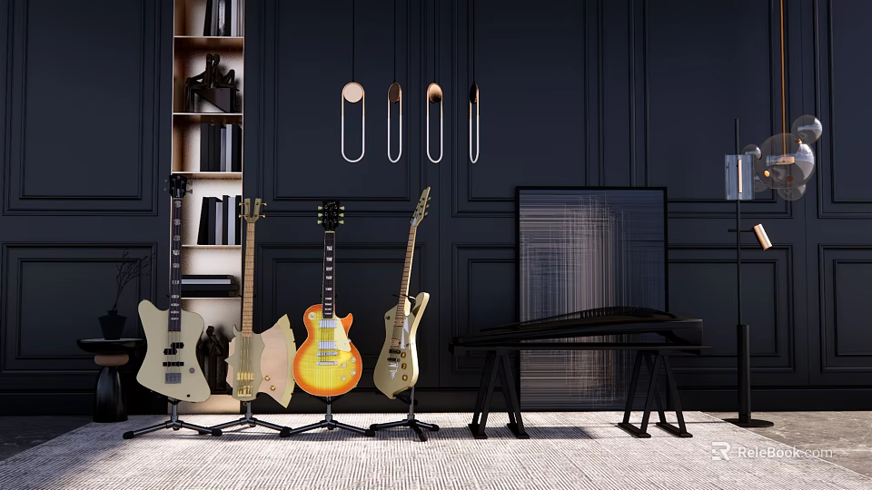 Modern Musical Instruments Display Featuring Guitars Piano Bench And Black Wall Interior 3d model 