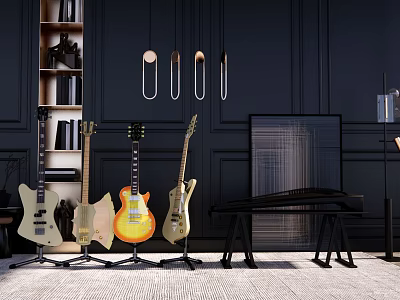 Modern Musical Instruments Display Featuring Guitars Piano Bench And Black Wall Interior 3d model
