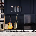 Modern Musical Instruments Display Featuring Guitars Piano Bench And Black Wall Interior 3d model