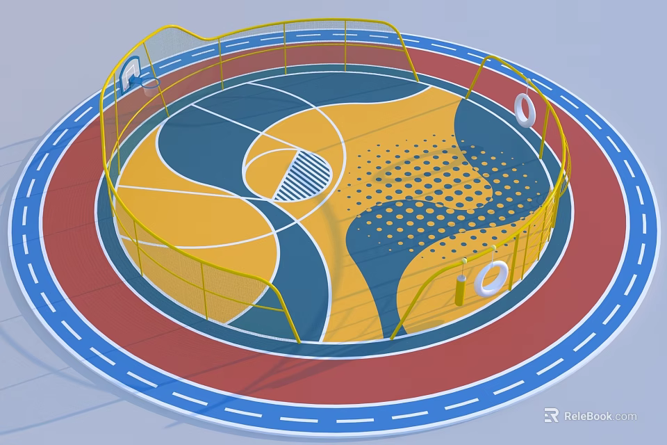 Circular Basketball Court With Yellow Blue Flooring And Yellow Fences Surrounded By Red Blue Track 3d model 