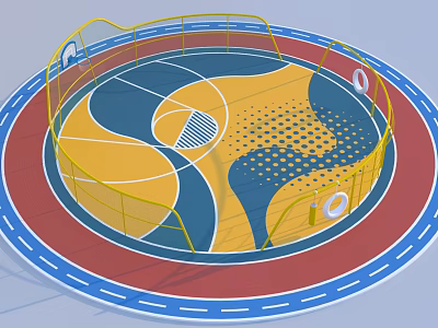 Circular Basketball Court With Yellow Blue Flooring And Yellow Fences Surrounded By Red Blue Track 3d model