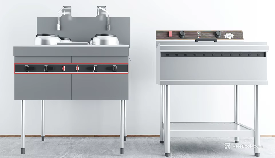 Modern Stainless Steel Kitchen Appliances With Cooking Pots Control Knobs And Shelves 3d model