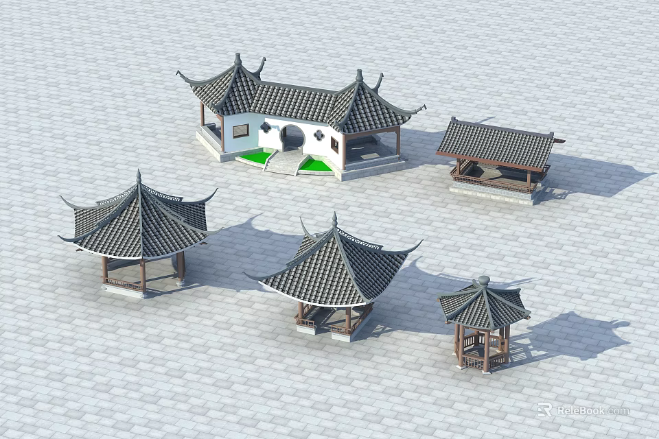 Traditional Chinese Architectural Pavilions With Classic Roof Tile And Wooden Structures 3d model 
