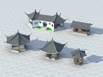 Traditional Chinese Architectural Pavilions With Classic Roof Tile And Wooden Structures 3d model