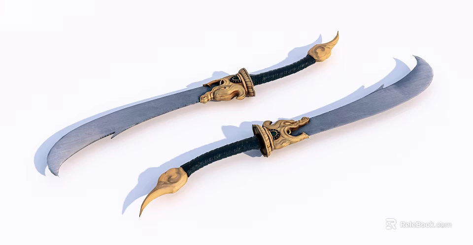 Ornate Decorative Blades Featuring Black Wrapped Handles And Golden Accents With Sharp Edges 3d model 