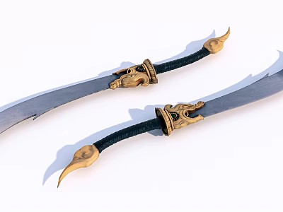 Ornate Decorative Blades Featuring Black Wrapped Handles And Golden Accents With Sharp Edges 3d model