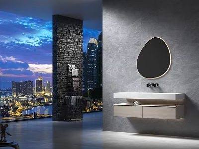 Modern Wall Mounted Bathroom Vanity With Oval Mirror And City View 3d model