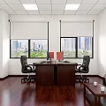 Modern Office Interior With Wooden Flooring Desks Black Chairs And City View Windows