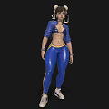 Woman With Pigtails In Blue Crop Top Blue Leggings With Yellow Stripes And White Sneakers