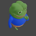 3D Sad Frog Model in Blue Shirt Brown Shorts With Finger on Mouth Gray Background
