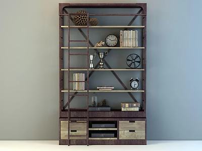 Multi Tiered Bookcase Featuring Books Clocks Trophy Decorative Items And Drawers 3d model