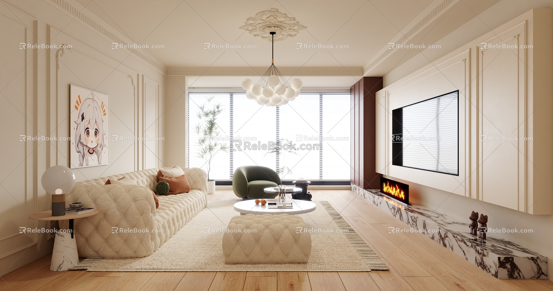 French Cream Living Room 3d model