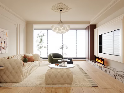 Elegant Living Room Interior With Beige Sofa Coffee Table Set Green Armchair And Fireplace 3d model