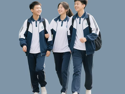 Students in Blue and White School Uniforms Smiling and Walking Together with Backpacks 3d model