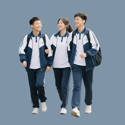 Students in Blue and White School Uniforms Smiling and Walking Together with Backpacks 3d model
