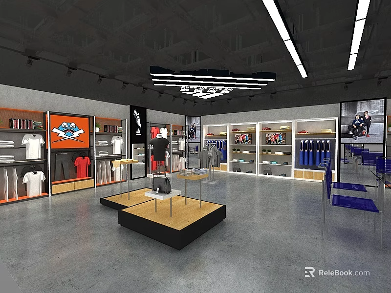 Modern Public Office Space Featuring Open Workstations Blue Chairs And Linear Ceiling Lights 3d model