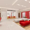 Modern Bank Interior With Red Counters Seating Digital Screens Bright Lighting And Large Windows 3d model