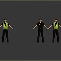 Three Standing Uniformed Figurines With Black Uniforms And Yellow Reflective Vests On Gray Surface 3d model