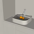 Modern White Washbasin With Square Basin Faucet Running Water Oranges On White Countertop