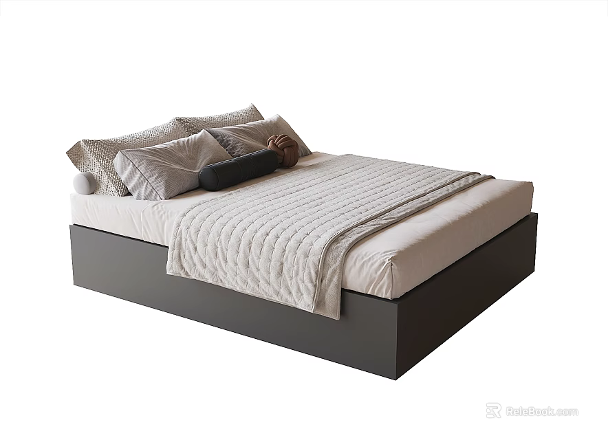 Simple Modern Children's Bed With Black Frame White Mattress Pillows Quilt And Stuffed Toy 3d model 