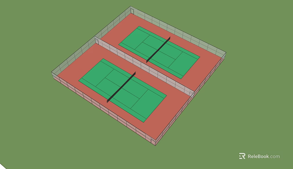 Two Green Tennis Courts With Red Ground And Fencing For Sports Fitness 3d model 