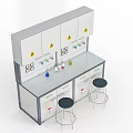 Laboratory Workbench Setup With Upper Cabinets Warning Signs Reagent Bottles And Stools
