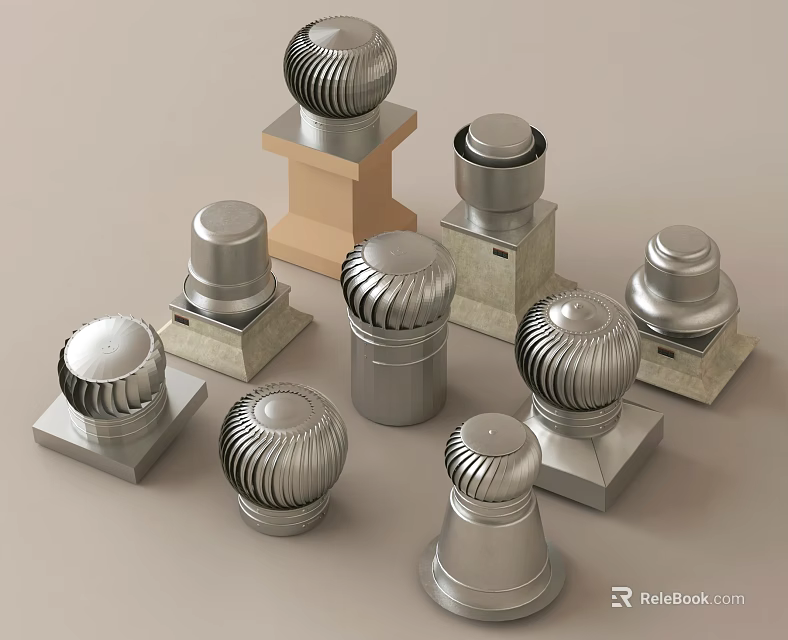 Various Metal Components With Cylindrical Shapes Striped Tops And Square Wooden Bases 3d model 