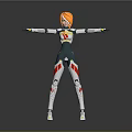 3D Character Model With Orange Hair White Green Red Bodysuit Arms Outstretched