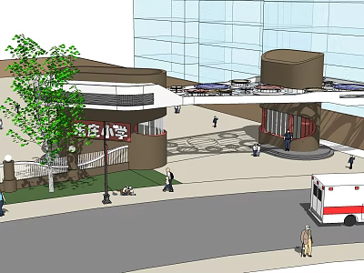 Primary School Main Entrance Gate With Modern Architecture Trees And Pedestrians 3d model